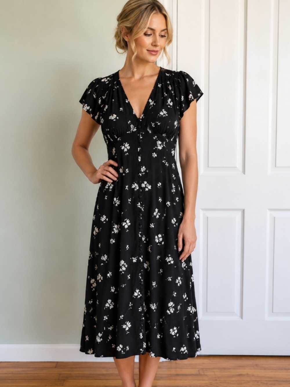 Gap Black Floral Button Front Romantic Midi Dress Flutter Sleeve Rayon M